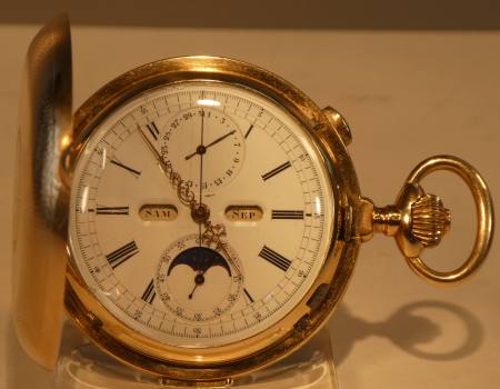Schweizer Gold Repetition Tachenuhr mit Mondphase und Vollkalender u.v.a. Auktion Guetersloh